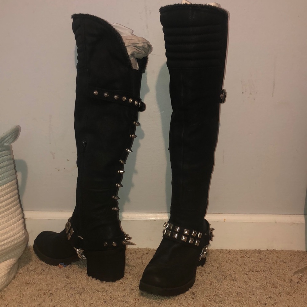 Real leather fur lined studded and spiked